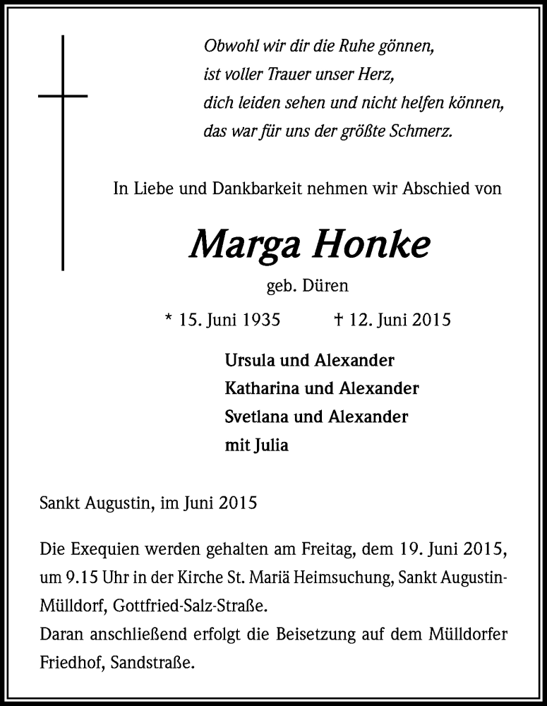  Traueranzeige für Marga Honke vom 17.06.2015 aus Kölner Stadt-Anzeiger / Kölnische Rundschau / Express