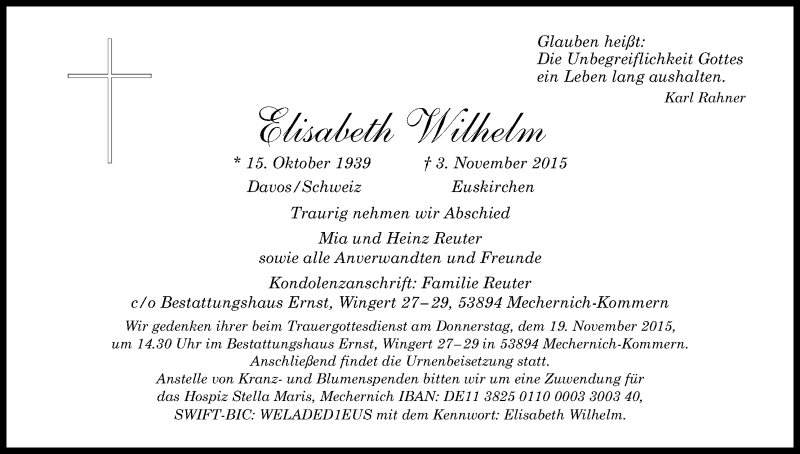  Traueranzeige für Elisabeth Wilhelm vom 13.11.2015 aus Kölner Stadt-Anzeiger / Kölnische Rundschau / Express