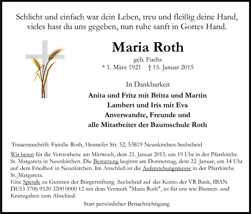  Traueranzeige für Maria Roth vom 17.01.2015 aus Kölner Stadt-Anzeiger / Kölnische Rundschau / Express