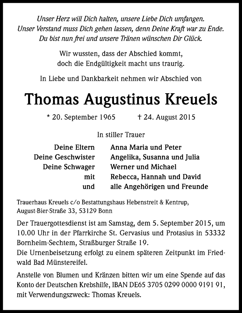  Traueranzeige für Thomas Augustinus Kreuels vom 29.08.2015 aus Kölner Stadt-Anzeiger / Kölnische Rundschau / Express