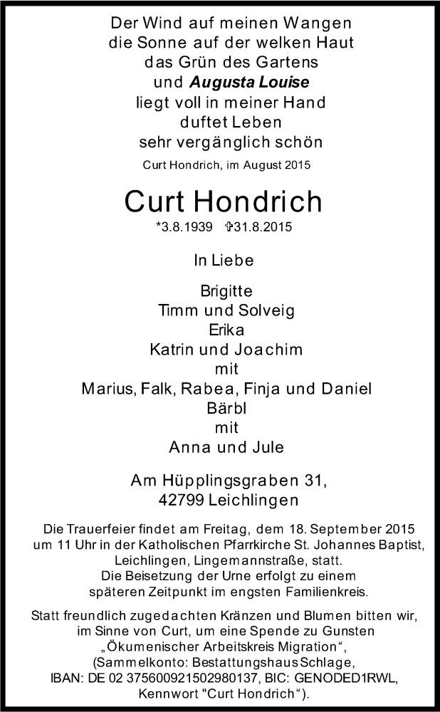  Traueranzeige für Curt Hondrich vom 12.09.2015 aus Kölner Stadt-Anzeiger / Kölnische Rundschau / Express