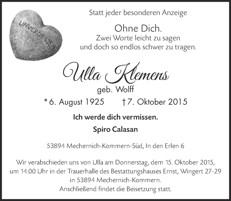  Traueranzeige für Ulla Klemens vom 11.10.2015 aus  Blickpunkt Euskirchen 