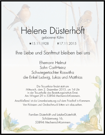 Anzeige von Helene Düsterhöft von Kölner Stadt-Anzeiger / Kölnische Rundschau / Express