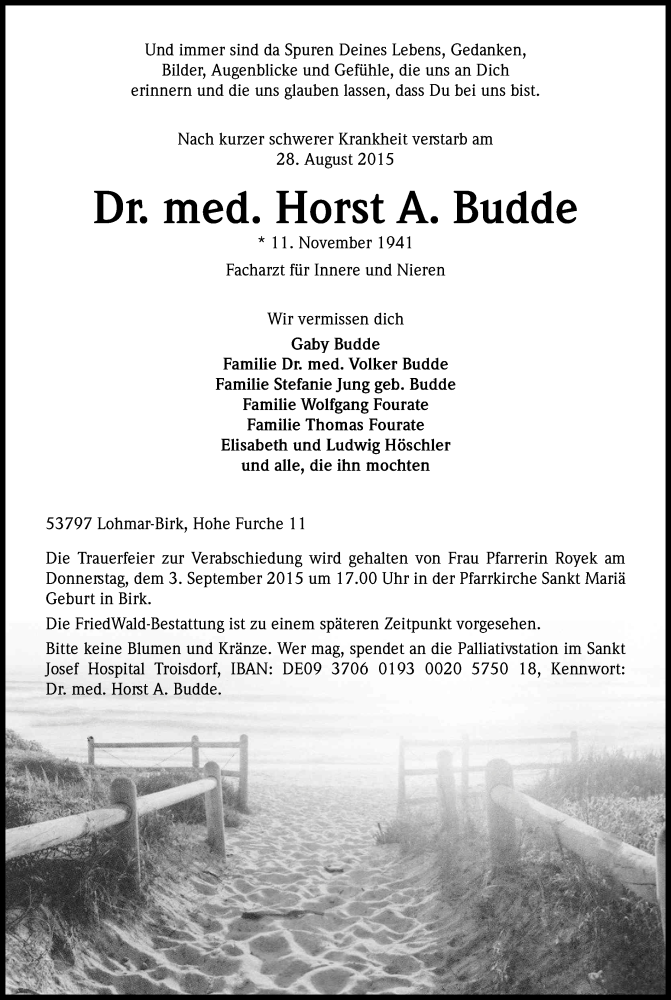  Traueranzeige für Horst A. Budde vom 01.09.2015 aus Kölner Stadt-Anzeiger / Kölnische Rundschau / Express