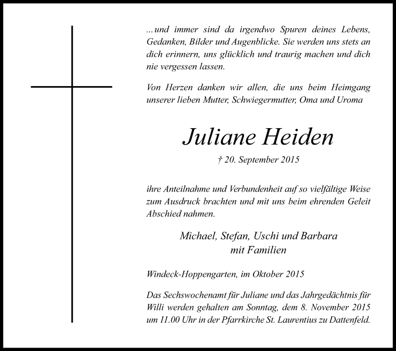  Traueranzeige für Juliane Heiden vom 24.10.2015 aus Kölner Stadt-Anzeiger / Kölnische Rundschau / Express