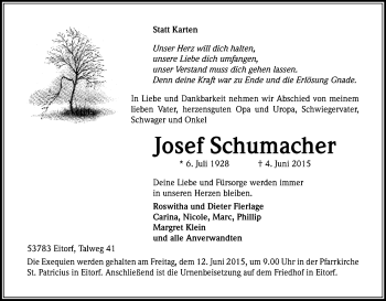 Anzeige von Josef Schumacher von Kölner Stadt-Anzeiger / Kölnische Rundschau / Express