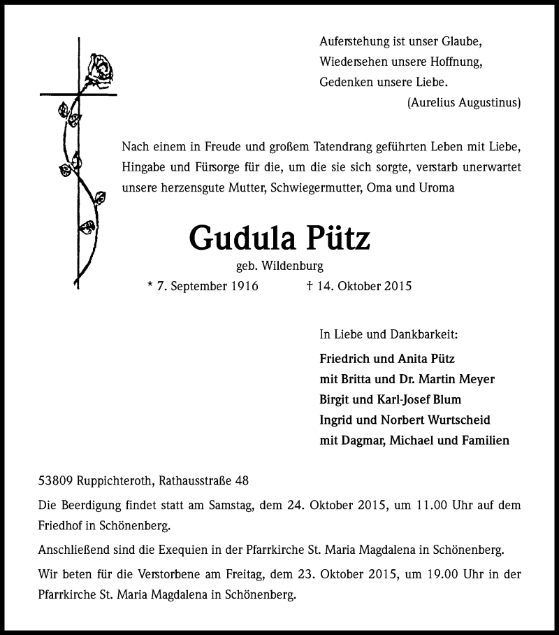  Traueranzeige für Gudula Pütz vom 21.10.2015 aus Kölner Stadt-Anzeiger / Kölnische Rundschau / Express