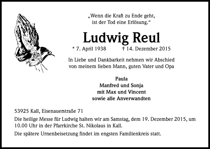  Traueranzeige für Ludwig Reul vom 16.12.2015 aus Kölner Stadt-Anzeiger / Kölnische Rundschau / Express