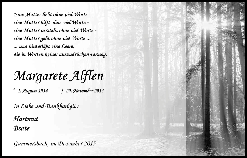  Traueranzeige für Margarete Alflen vom 02.12.2015 aus Kölner Stadt-Anzeiger / Kölnische Rundschau / Express