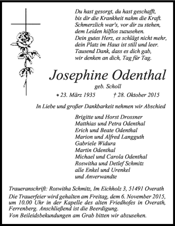 Anzeige von Josephine Odenthal von Kölner Stadt-Anzeiger / Kölnische Rundschau / Express