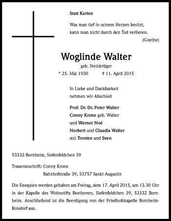Anzeige von Woglinde Walter von Kölner Stadt-Anzeiger / Kölnische Rundschau / Express