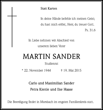 Anzeige von Martin Sander von Kölner Stadt-Anzeiger / Kölnische Rundschau / Express
