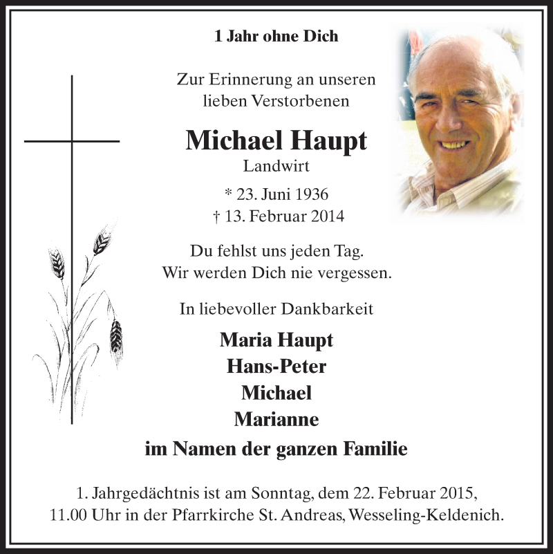  Traueranzeige für Michael Haupt vom 18.02.2015 aus  Schlossbote/Werbekurier 