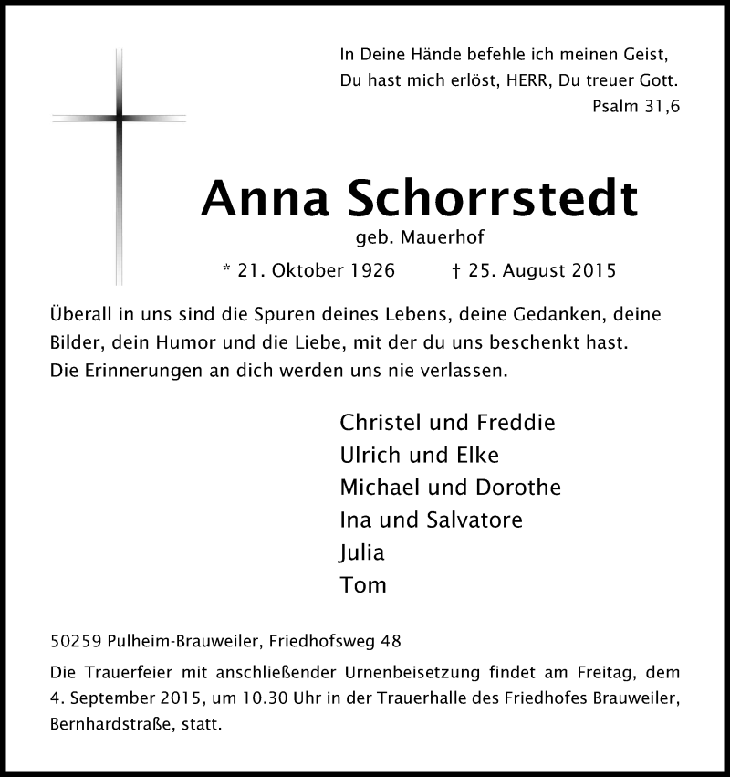  Traueranzeige für Anna Schorrstedt vom 29.08.2015 aus Kölner Stadt-Anzeiger / Kölnische Rundschau / Express