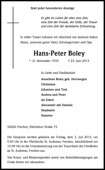 Anzeige von Hans-Peter Boley von Kölner Stadt-Anzeiger / Kölnische Rundschau / Express