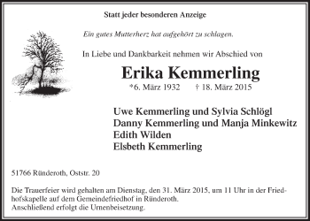 Anzeige von Erika Kemmerling von  Anzeigen Echo 