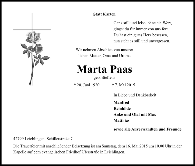  Traueranzeige für Marta Paas vom 13.05.2015 aus Kölner Stadt-Anzeiger / Kölnische Rundschau / Express