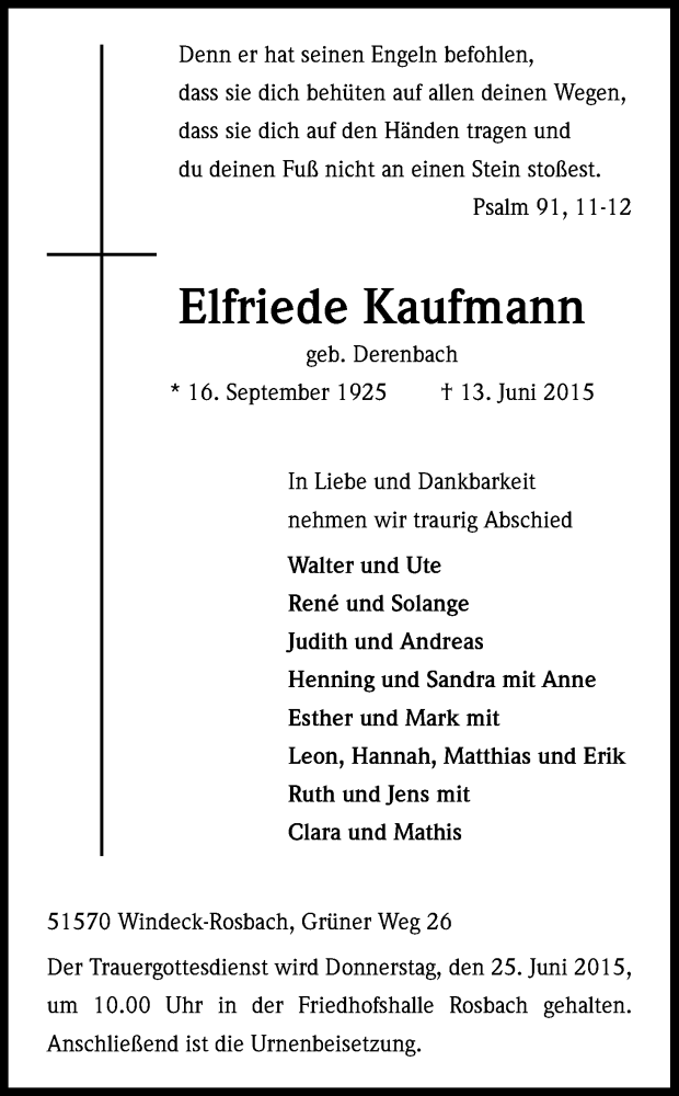  Traueranzeige für Elfriede Kaufmann vom 20.06.2015 aus Kölner Stadt-Anzeiger / Kölnische Rundschau / Express