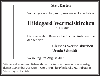 Anzeige von Hildegard Wermelskirchen von  Schlossbote/Werbekurier 