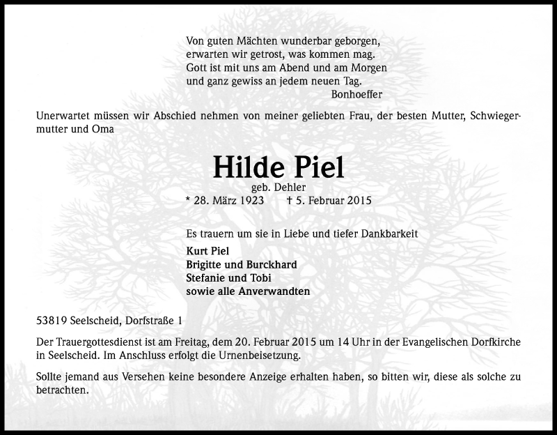  Traueranzeige für Hilde Piel vom 14.02.2015 aus Kölner Stadt-Anzeiger / Kölnische Rundschau / Express