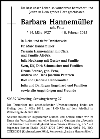 Anzeige von Barbara Hannemüller von Kölner Stadt-Anzeiger / Kölnische Rundschau / Express