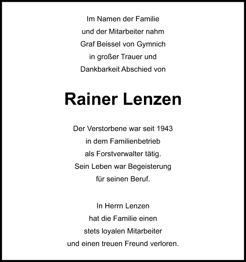  Traueranzeige für Rainer Lenzen vom 21.02.2015 aus Kölner Stadt-Anzeiger / Kölnische Rundschau / Express