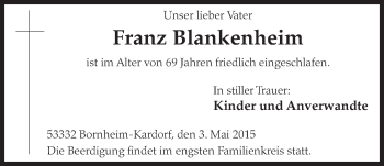 Anzeige von Franz Blankenheim von  Schlossbote/Werbekurier 