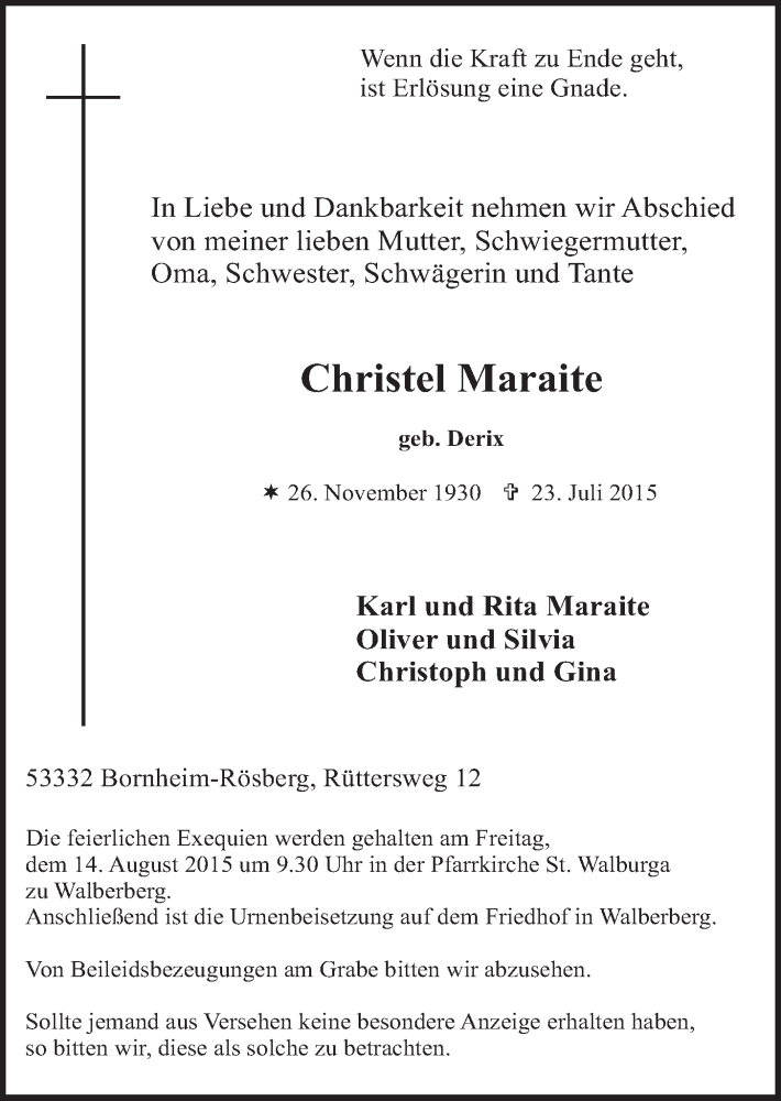  Traueranzeige für Christel Maraite vom 12.08.2015 aus  Schlossbote/Werbekurier 