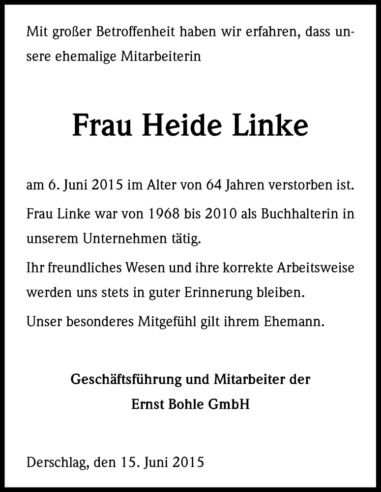  Traueranzeige für Heide Linke vom 17.06.2015 aus Kölner Stadt-Anzeiger / Kölnische Rundschau / Express