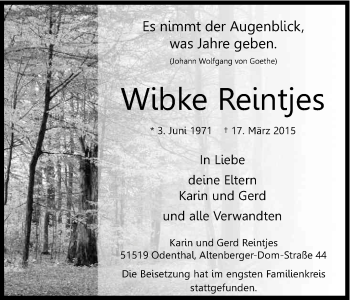 Anzeige von Wibke Reintjes von Kölner Stadt-Anzeiger / Kölnische Rundschau / Express
