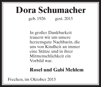 Anzeige von Dora Schumacher von  Wochenende 