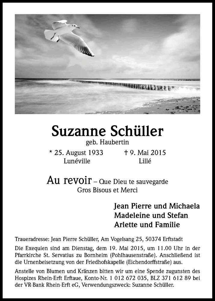  Traueranzeige für Suzanne Schüller vom 14.05.2015 aus Kölner Stadt-Anzeiger / Kölnische Rundschau / Express