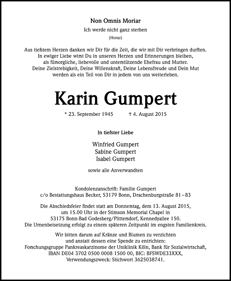  Traueranzeige für Karin Gumpert vom 08.08.2015 aus Kölner Stadt-Anzeiger / Kölnische Rundschau / Express