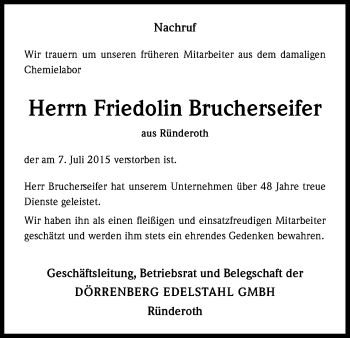 Anzeige von Friedolin Brucherseifer von Kölner Stadt-Anzeiger / Kölnische Rundschau / Express