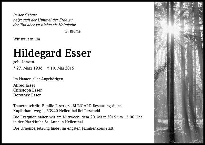  Traueranzeige für Hildegard Esser vom 12.05.2015 aus Kölner Stadt-Anzeiger / Kölnische Rundschau / Express