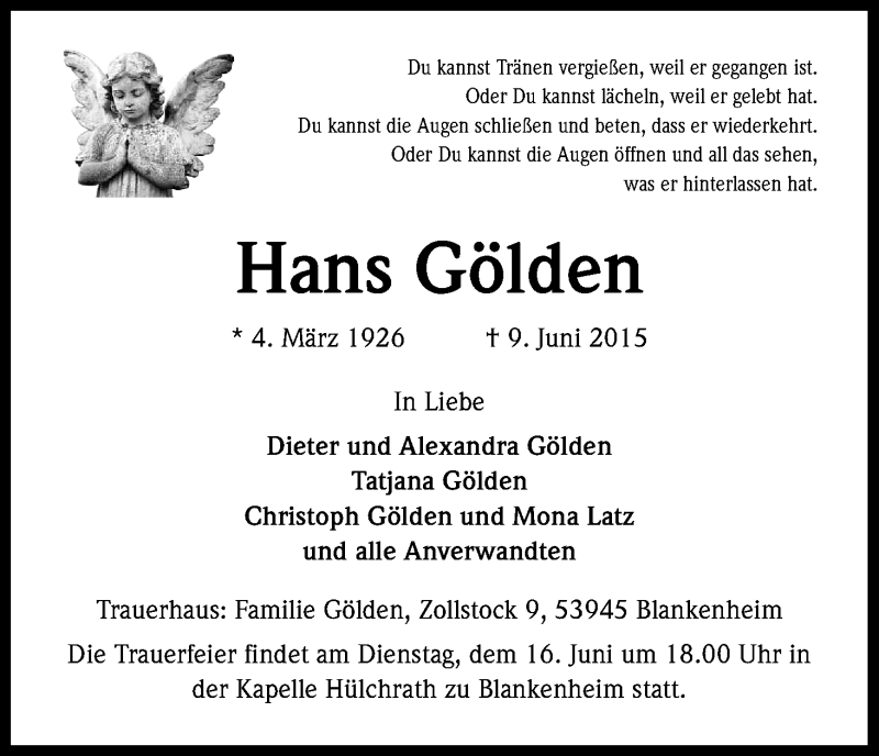  Traueranzeige für Hans Gölden vom 12.06.2015 aus Kölner Stadt-Anzeiger / Kölnische Rundschau / Express