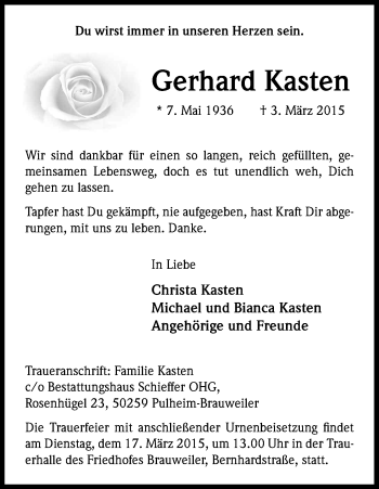 Anzeige von Gerhard Kasten von Kölner Stadt-Anzeiger / Kölnische Rundschau / Express