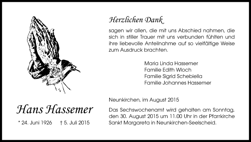  Traueranzeige für Hans Hassemer vom 26.08.2015 aus Kölner Stadt-Anzeiger / Kölnische Rundschau / Express