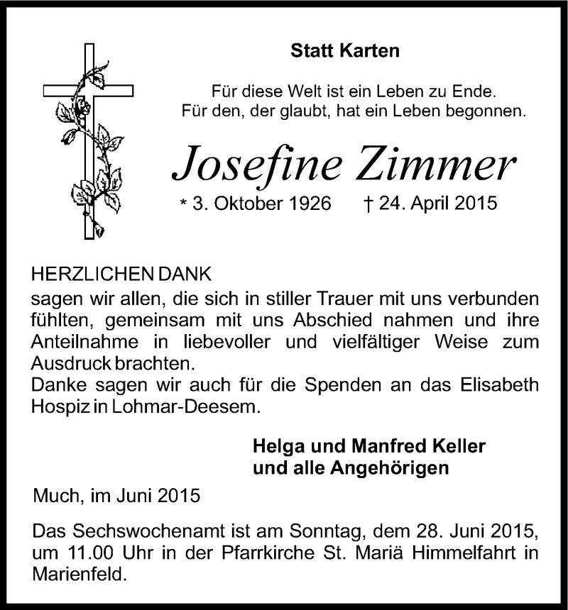  Traueranzeige für Josefine Zimmer vom 12.06.2015 aus Kölner Stadt-Anzeiger / Kölnische Rundschau / Express
