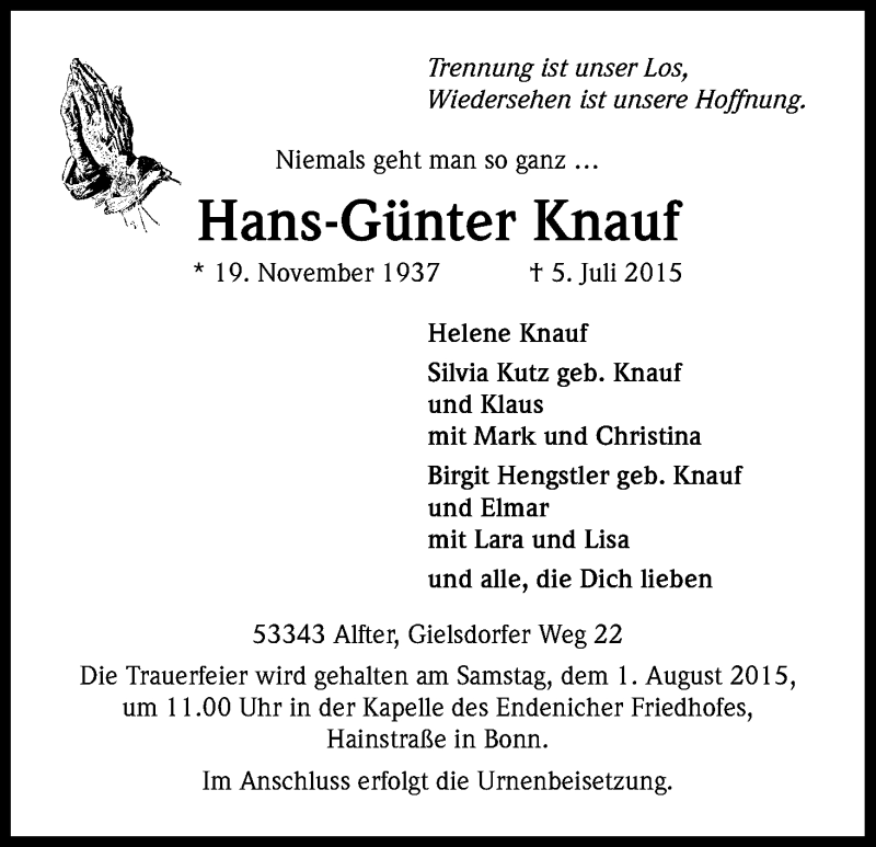  Traueranzeige für Hans-Günter Knauf vom 18.07.2015 aus Kölner Stadt-Anzeiger / Kölnische Rundschau / Express