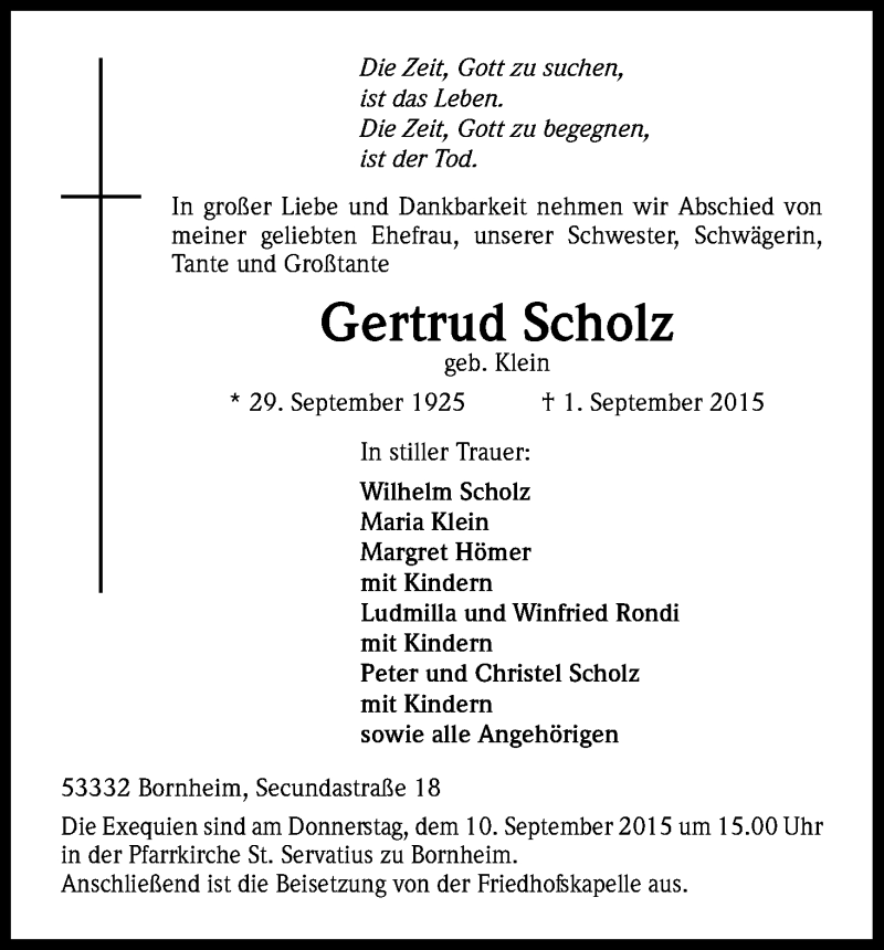  Traueranzeige für Gertrud Scholz vom 05.09.2015 aus Kölner Stadt-Anzeiger / Kölnische Rundschau / Express