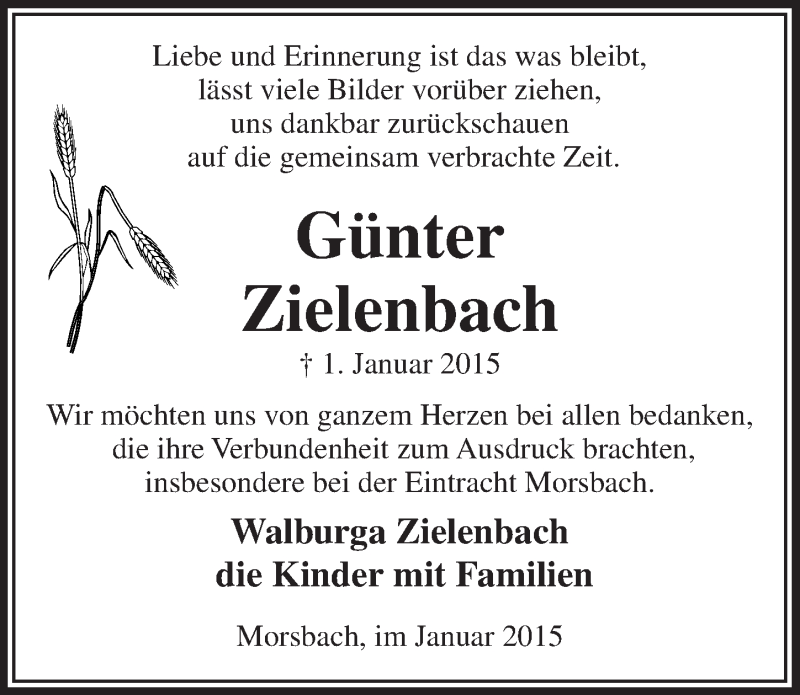  Traueranzeige für Günter Zielenbach vom 28.01.2015 aus  Lokalanzeiger 