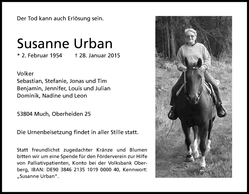  Traueranzeige für Susanne Urban vom 31.01.2015 aus Kölner Stadt-Anzeiger / Kölnische Rundschau / Express