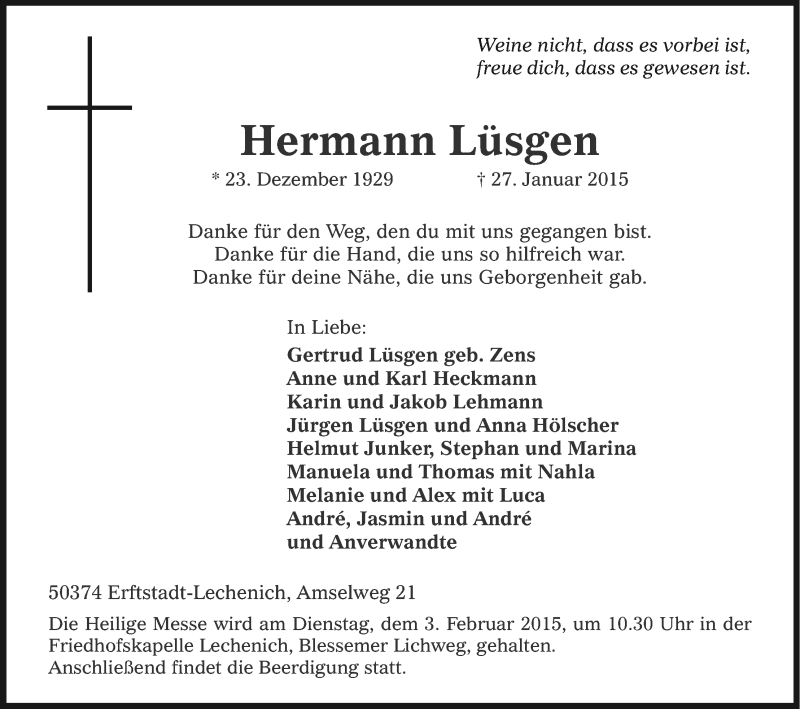  Traueranzeige für Hermann Lüsgen vom 30.01.2015 aus Kölner Stadt-Anzeiger / Kölnische Rundschau / Express