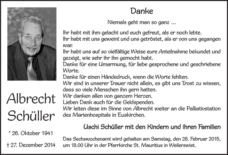  Traueranzeige für Albrecht Schüller vom 25.02.2015 aus  Schlossbote/Werbekurier 