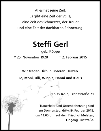 Anzeige von Steffi Gerl von Kölner Stadt-Anzeiger / Kölnische Rundschau / Express