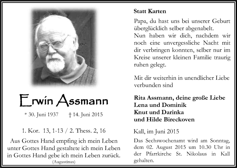  Traueranzeige für Erwin Assmann vom 27.06.2015 aus Kölner Stadt-Anzeiger / Kölnische Rundschau / Express