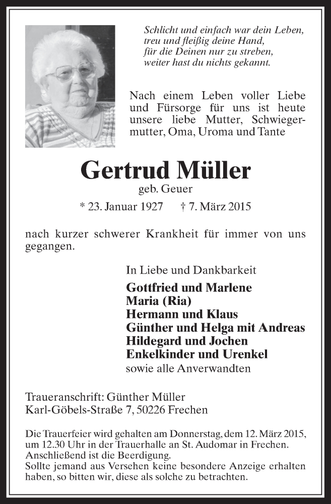  Traueranzeige für Gertrud Müller vom 11.03.2015 aus  Wochenende 