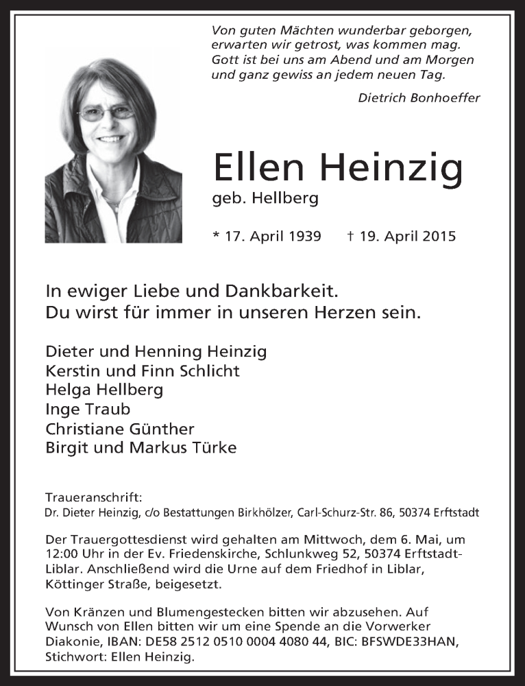  Traueranzeige für Ellen Heinzig vom 29.04.2015 aus  Werbepost 