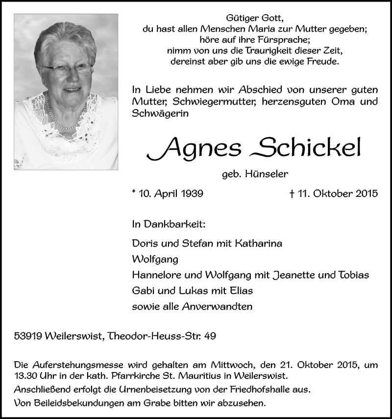  Traueranzeige für Agnes Schickel vom 18.10.2015 aus  Blickpunkt Euskirchen 